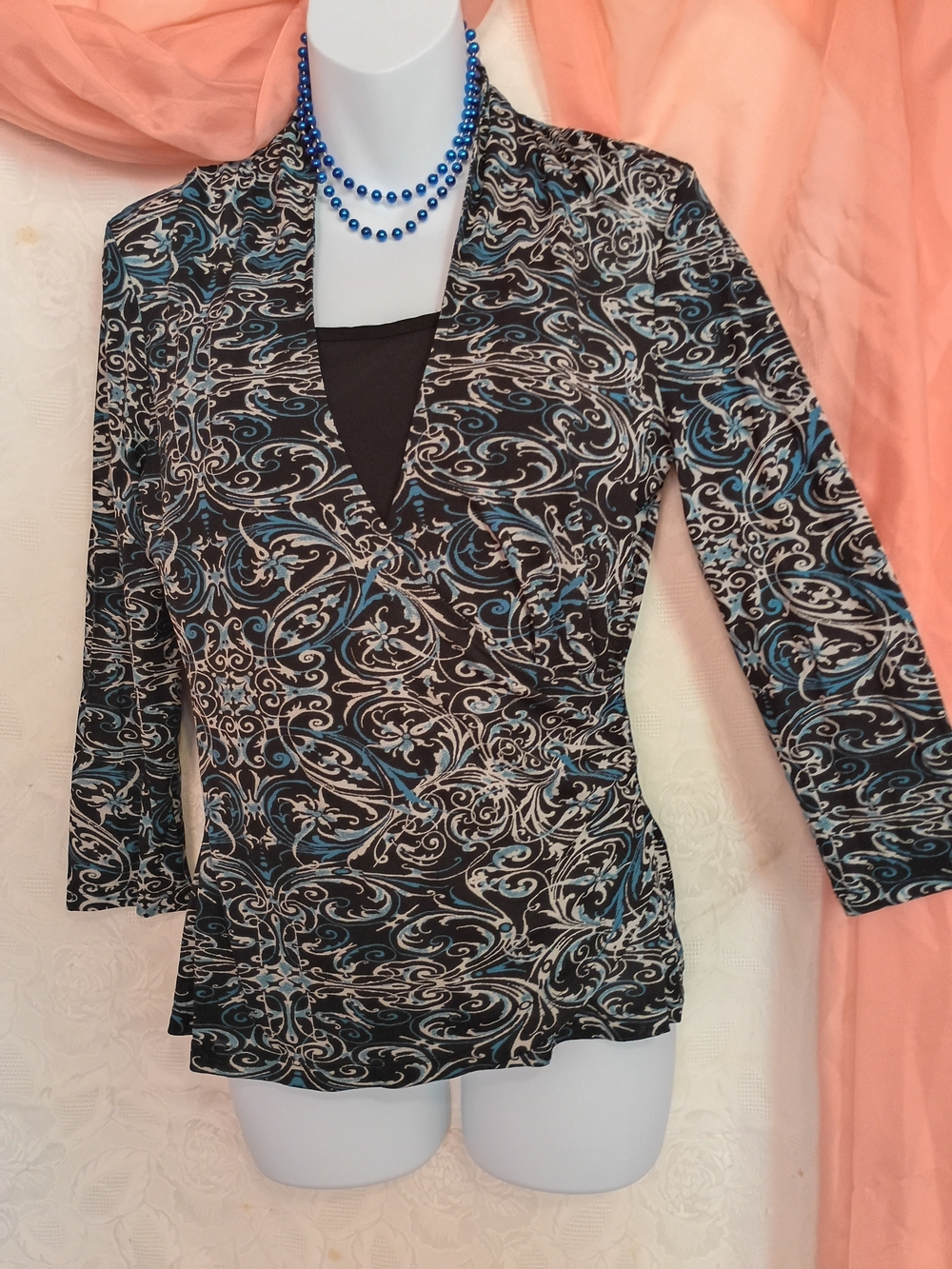 Charter Club Ladies Black, Teal & Cream V-Neck Wrap Tunic Sz Sm